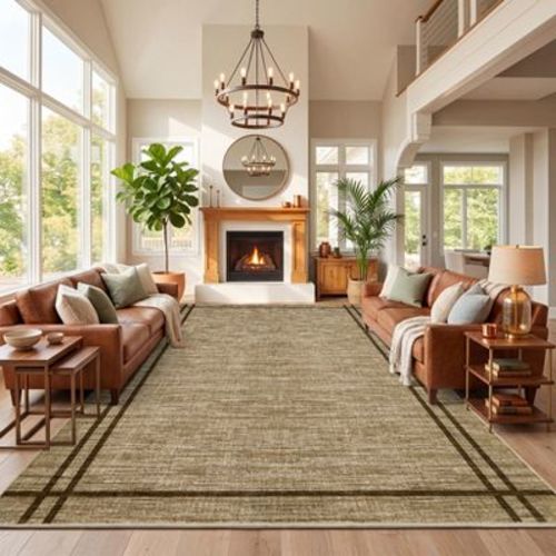 9'x12' Bordered Washable Area Rug with Non-Slip TPR Backing, Oversized Neutral Rug for Office Living Room