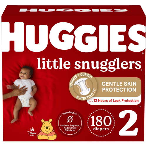 Huggies Little Snugglers Diapers, Size 2 (12-18 lbs), 180 Ct, Leak-Free, Sensitive Skin