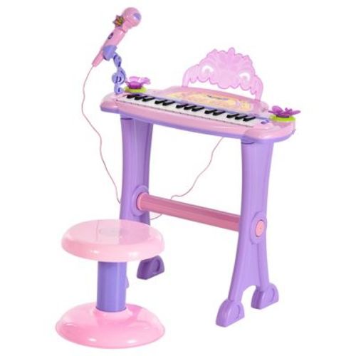 Qaba 32-Key Princess Electronic Piano Toy Keyboard for Kids Toddler Grand Piano with Stool, MP3, Record and Microphone for 3-6 Years, Pink/Purple