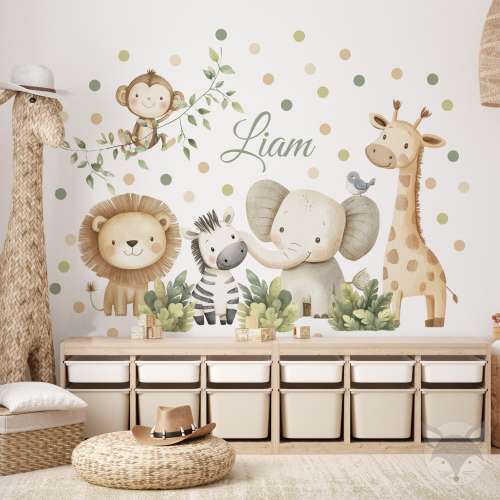 Jungle Animal Wall Decal with Name, Safari Nursery Decor with Elephant Lion Zebra Giraffe Watercolor animal for Baby Room Personalized Art