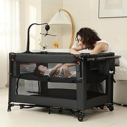 5 in 1 Pack and Play, Baby Bassinet Bedside Sleeper, Baby Playard, Bedside Crib with Changing Table, Foldable Travel Playard for Newborn to Toddles (Black)