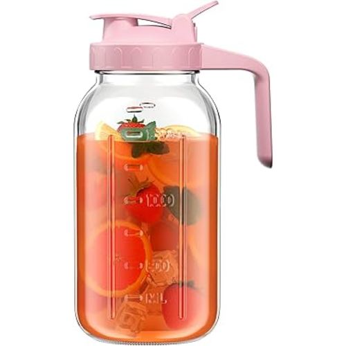 64 oz Glass Pitcher with Lid, Large Wide Mouth Mason Jar with Pour Spout, Pink Sun Tea Jar for Outside, Glass Water Pitcher Great for Drink, Cold Beverages and Breast Milk