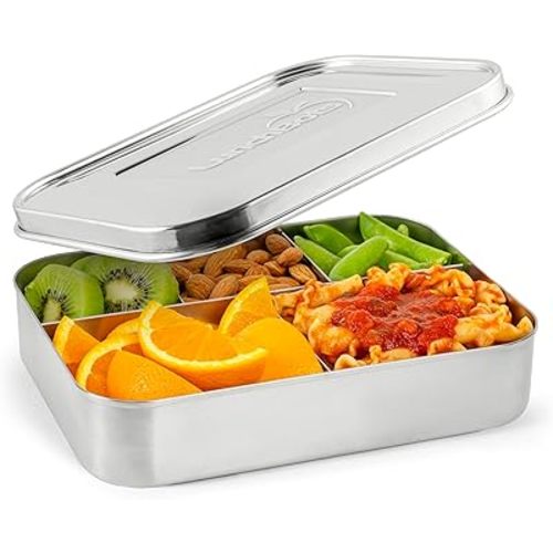 LunchBots Large Cinco Stainless Steel Lunch Container - Five Section Design Holds a Variety of Foods - Metal Bento Box - Dishwasher Safe - Stainless Lid