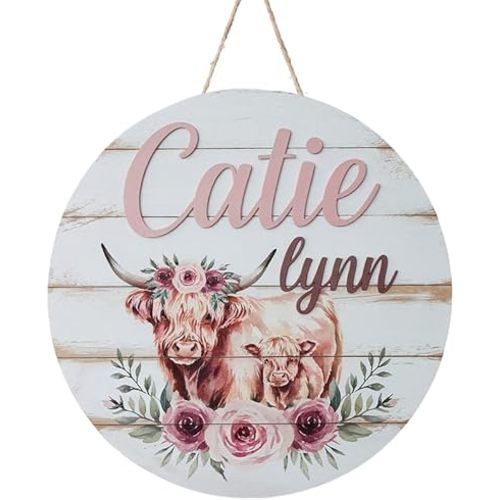 Personalized Baby Name Signs for Nursery, Highland Cow Sign for Baby Door Decor, Newborn Gifts for Girl, Girls Nursery Wall Bedroom Decorations, Mother's Day Gifts for New Mom Dad Gift