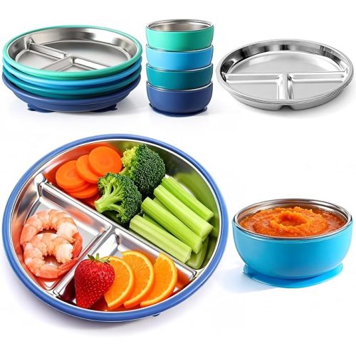 Havawish 8 Pcs Stainless Steel Baby Plate and Bowls with Suction, 8.3" Kid Divided Plate and 4" Toddler Bowl with Removable Silicone, BPA-free Non-slip Baby Feed Set Dishwasher Safe for Boy Girl(Blue)