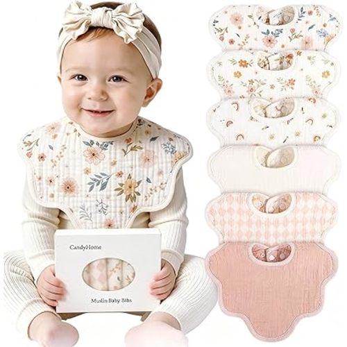 Muslin Bibs for Baby Girl Boy 6 Pack, 100% Cotton Extra Soft Absorbent Bandana Baby Bibs for Drooling and Teething Toddler Baby Girl Newborn Essentials Gifts