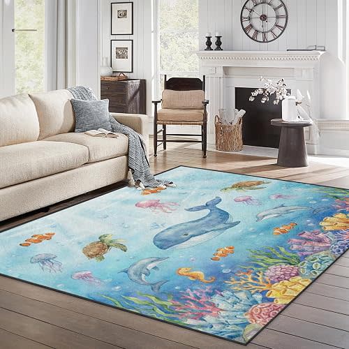 5x7 Area Rugs, Washable, Non Slip Backing, Whale Watercolor