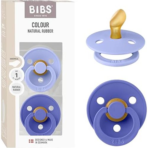 BIBS Colour Anatomical Soother 2-Pack, BPA Free Dummy Pacifier, Orthodontic Nipple. Natural Rubber Latex, Made in Denmark, Size 1 (0-6 Months), Hush/Grape