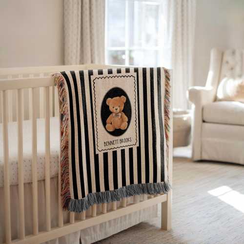 Baby Name Blanket Teddy Bear Personalized Throw, Striped Nursery Decor Baby Boy Baby Girl with Name, Newborn Keepsake Custom Nursery