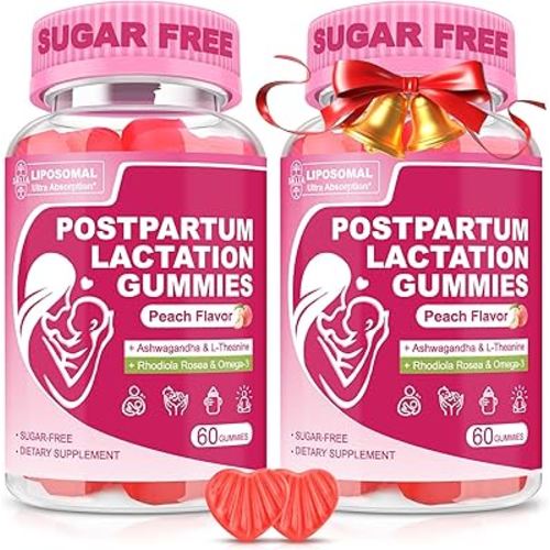 Liposomal Lactation Supplement | Postpartum Lactation Support Gummies, Natural Breast Milk Booster with Ashwagandha, L-Theanine & Omega-3 for Nursing Moms | Balance & Recovery | Peach Flavor, 60cts,2P