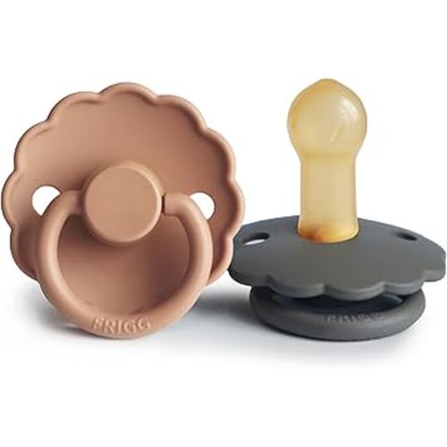 FRIGG Daisy Natural Rubber Baby Pacifier | Made in Denmark | BPA-Free (Chamomile/Peach Bronze, 6-18 Months) 2-Pack