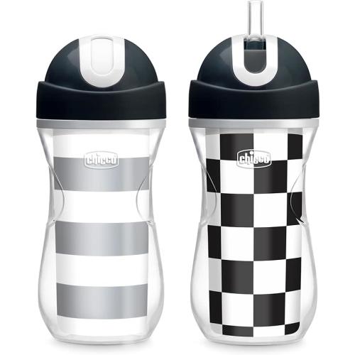 Chicco Insulated Flip-Top Straw Sippy Cup 12+ Months, 9oz (2-pack) -  Black/White/Silver