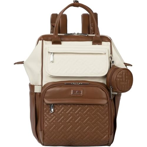 BabbleRoo Leather Diaper Bag Backpack, Multifunction Large Bags with Changing Pad & Stroller Straps & Pacifier Case, Unisex Stylish Travel Back Pack Nappy Changing Bag for Moms Dads (Coffee Cream)