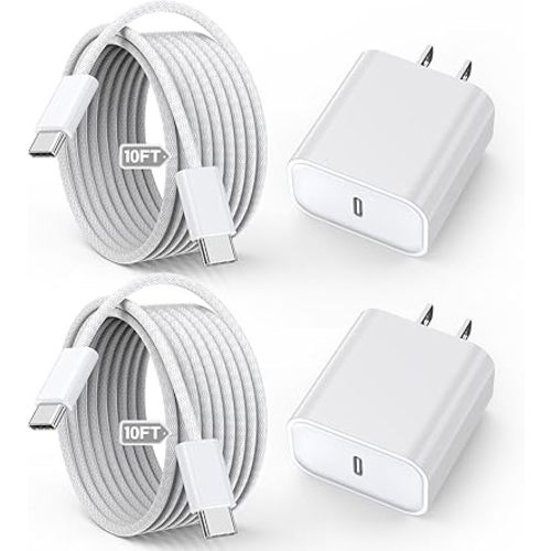 10FT Apple iPhone 17 16 15 Charger, 2-Pack Extra Long 10Foot USB C to Type C Charging Woven Cable Cord 20W USB C Charger Block Cube Super Quick Charging for iPhone 17 16 15 Pro/Plus/ProMax,iPadPro/Air