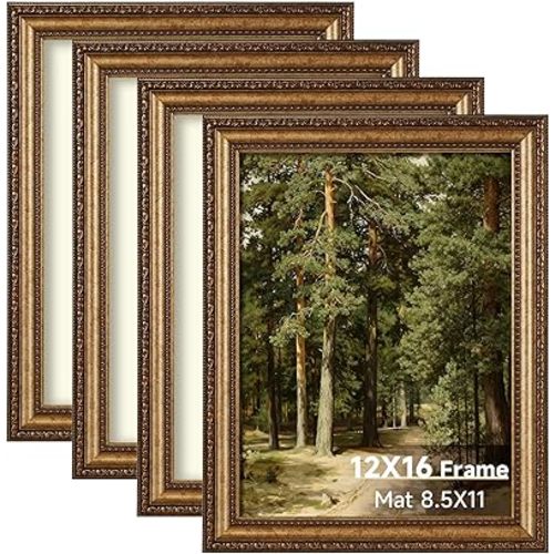 12x16 Antique Bronze Vintage Picture Frame Set of 4, Ornate Vintage Picture Frames for Wall or Tabletop Display, 12 x 16 Photo Frame with Real Glass, Display Poster 8.5x11 with Mat or 12x16 without Mat for Antique Déco