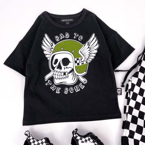 Kids Black T Shirt - "Bad To The Bone" Skull Design - skeletots.co.uk – Skeletots