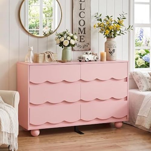 6 Drawer Dresser for Bedroom, 47.24" Wide Blush Pink Chest of Drawers with Wave Hidden Recessed Handles, Modern Wood Storage Dresser Cabinet for Girls Room & Living Room