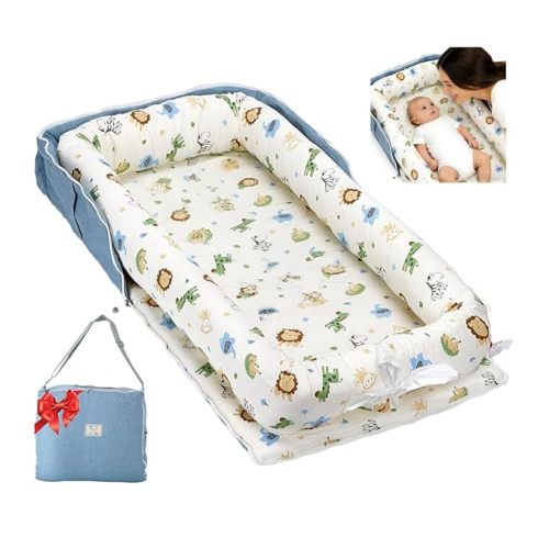 Baby Lounger for Newborn Portable Bag,Baby Nest Play Gym mat with Strap,Newborn Lounger Adjustable Size & Inner Zipper Lengthen Space to 24 Months,Animal World Blue