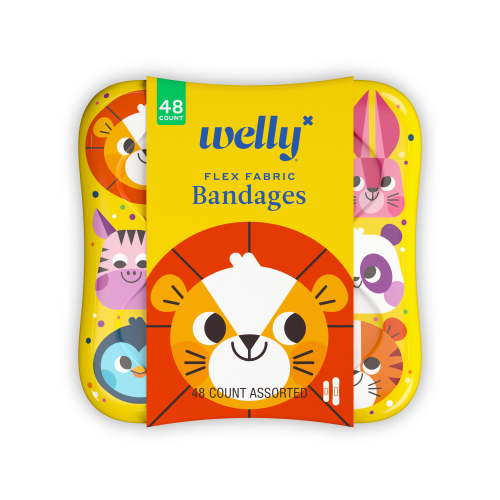 Welly Flex Fabric Bandages, Zoo Animals Pattern Bravery Badges for Kids, Assorted Sizes, 48 Count HSA/FSA Eligible