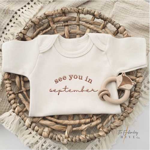 Embroidered See You in September Expected Month ONESIES® brand Pregnancy Announcement ONESIES® brand, Custom Girl Boy Natural Baby Name