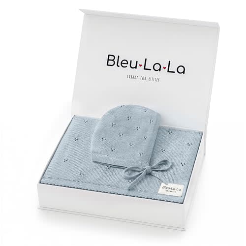 Bleu La La Luxe Collection 100% Organic Cotton Luxury Knit Baby Blanket + Hat Set (Pointelle - Powder Blue)