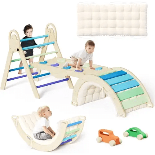 ElegantCrafts Pikler Triangle Set with Cushion, Montessori Climbing Set, Indoor Climb Toys, Indoor Playground Jungle Gyms, 9 Combinations Climbing Toy Set for Toddler, Baby, Kids 1-4