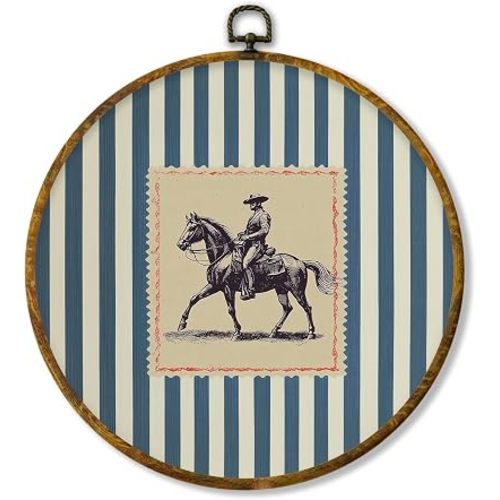 Hiuwevt Cowboy Round Wall Art Decor, Vintage Western Bucking Bronco Framed Canvas Prints, Southwestern Horse Rodeo Round Wall Hanging Decor for Bedroom Home Decorations, 10x10 Inches