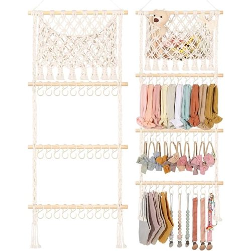 POVETIRE Headband Holder Hair Bow Organizer for Girls, Macrame Bow Holder Hair Accessories Organizer Storage Large Capacity Wall Hanging for Toddler Girl Nursery Room Decor