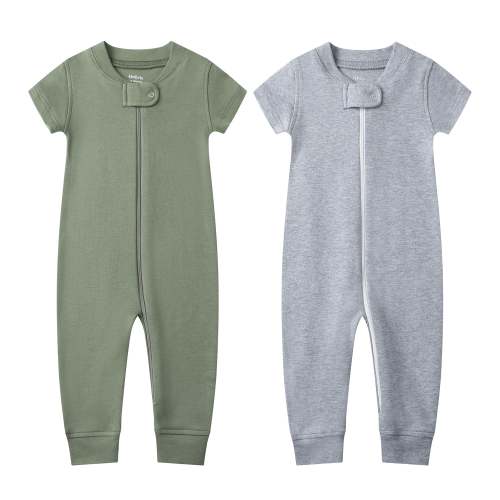 100% Organic Cotton Zip Footless Short Sleeve Pajamas - Short Olive & – Owlivia