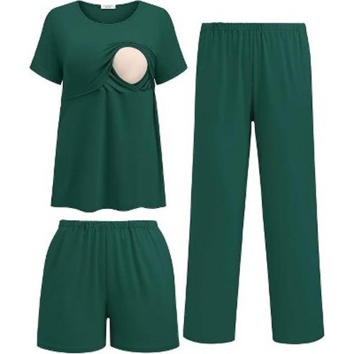 Ekouaer 3 Piece Postpartum Nursing Pajamas Set Short Sleeve Breastfeeding Shirts Pregnancy Shorts & Pants Maternity Pjs Lake Green M