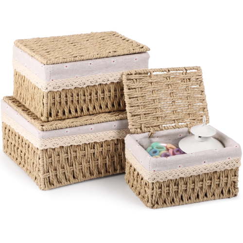 3 PCS Wicker Woven Decorative Baskets with Lids, Handwoven Storage Baskets with Removable Liner, Nesting and Stackable Baskets for Shelves, Bathroom, Bedroom, Kitchen Organization