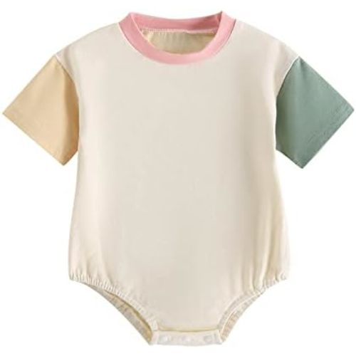 Kayotuas Baby Bubble Romper Infant Oversized Crewneck Tshirt Bodysuit Short Sleeve Color Block Shirt Tops Cute Summer Outfits