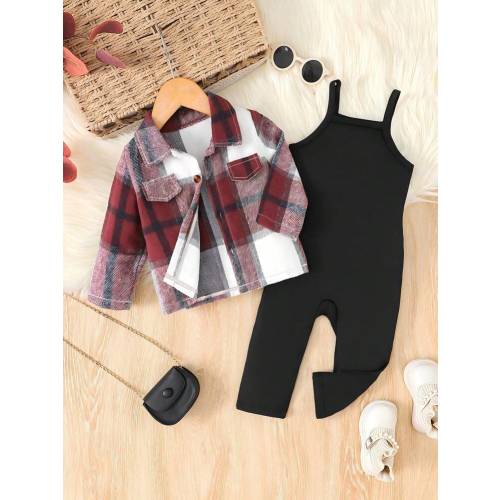 2pcs/Set Baby Girls Retro Check Print Jumpsuit & Casual Sports Outfit, Fall | SHEIN USA