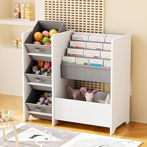 Kids Bookshelf and Toy Storage Organizer, Wooden Montessori Bookcase with Fabric Bins for Toddler, Small Room and Playroom Book Shelf for Reading Nook and Bedroom, White