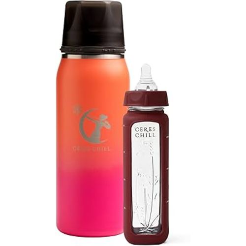 Ceres Chill Breastmilk Chiller/Warmer Bundle, 27oz of Storage, 20 Hour Chill, Comes with Glass Baby Bottle for The Ultimate Bottle Warming Duo (Dawn Chiller & Plum Bottle)