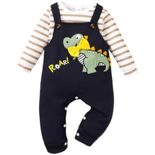 Baby Boy 2 pcs Outfit Clothes Set Stripe Tops Dinosuar Print Overall + Adjustable Suspender Pants