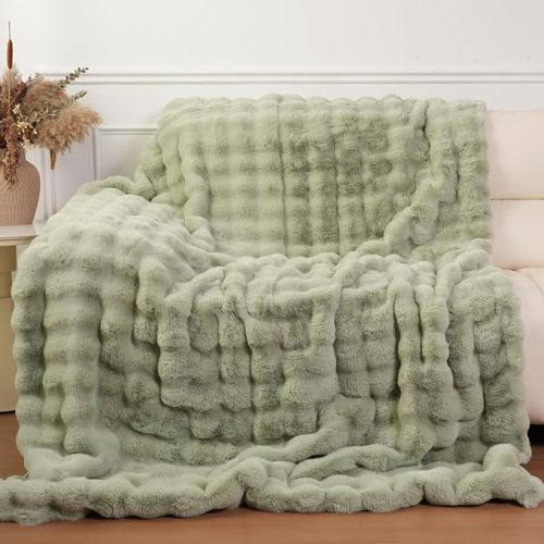 Super Comfort Oversized Warm Thick Bubble Luxury Plush Rabbit Faux Fur Throw Blanket, Fluffy Blanket,Soft Cozy Blanket for Couch Chair Bed Sofa Living Room (Sage Green, 60inX80in)