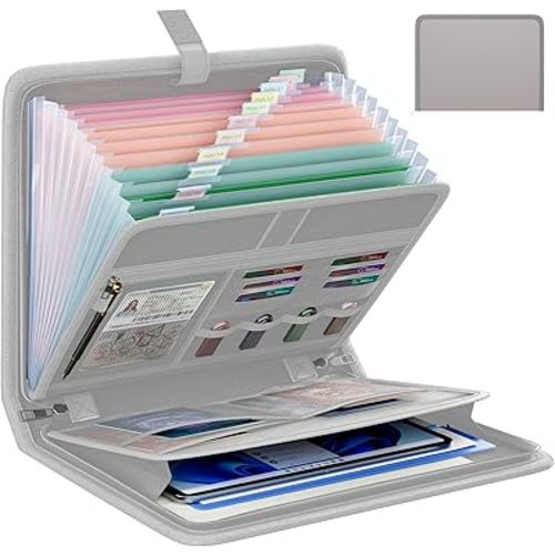 Fireproof Accordion File Organizer, Portable Expanding File Folder with Waterproof Zipper&Labels, Gray Document Organizer with 13 Pockets, File Organizer for Important Document/Paper Storage