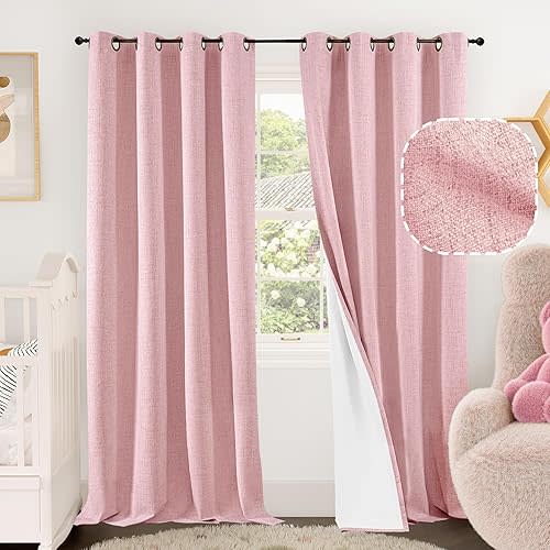 Baby Pink Linen Blackout Curtains for Nursery 84 Inch Length 2 Panels Set, Thermal Insulated Boho Total Black Out Noise Reducing Bonzer Grommets Window Curtains for Girls Bedroom, Each 60 Inch Wide