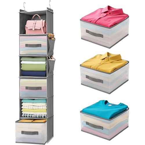 6-Tier Hanging Closet Organizer with Drawers and Side Pockets – Versatile Closet Storage for Shoes, Hats, Belts, and Purses