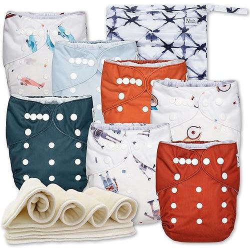 Nora's Nursery Cloth Diapers 7 Pack with 7 Inserts & 1 Wet Bag - Waterproof Cover, Washable, Reusable & One Size Adjustable Pocket Diapers for Newborns and Toddlers - Toy Box