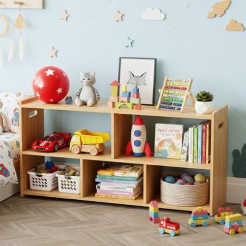 SpaceAid Montessori Bookshelf & Toy Storage Organizer- 2-Tier, 5-Compartment Kids Bookcase for Playroom & Nursery, 44.5 inch, Nature