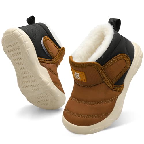 QFH Baby Boys Girls Winter Warm Shoes Cozy Fleece Snow Boots Toddler Non-Slip Walking Shoes Infant Outdoor Water Resistance Faux Fur Booties