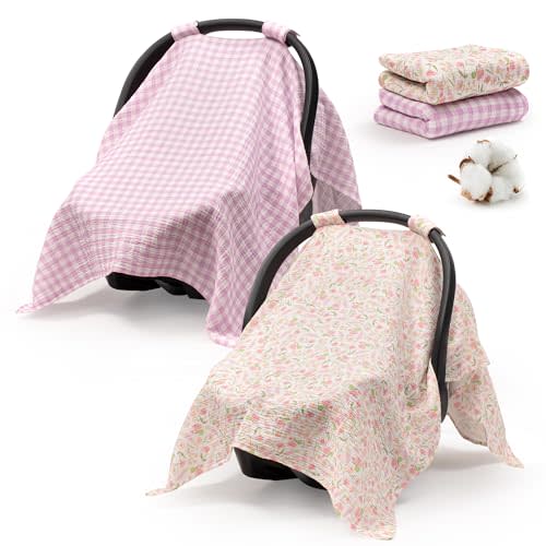 Muslin Car Seat Cover Baby, Universal Carseat Covers Baby Girl Boy | 100% Muslin Cotton, Universal Fit, Breathable, Soft Infant Car Seat Canopy, For Boys and Girls, Sun & Wind Protection