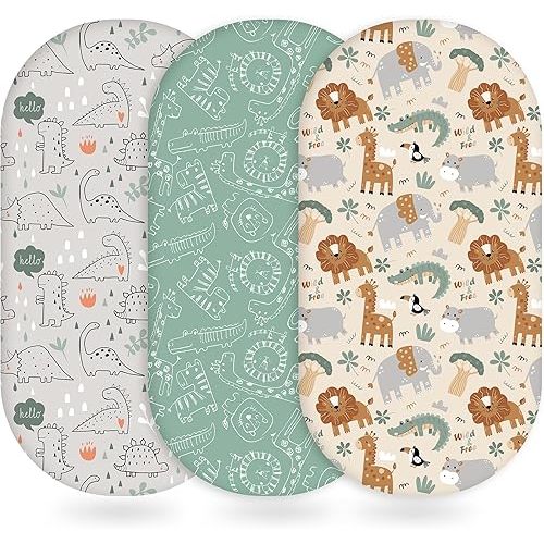 Baby Bassinet Sheets Girl Boy, Fitted Bassinet Sheet Set 3 Pack Bassinet Mattress Sheets Universal Fit for Rectangle, Round, Oval, Hourglass Mattress, Soft Breathable Green & Apricot Lion