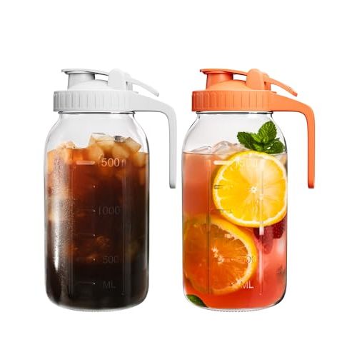 2 Pack Glass Mason Jar Pitcher with Lid, 64 oz (2 Quart) Leakproof Water Pitcher with Handle for Sun Tea, Cold Brew, Milk & Juice, White & Orange