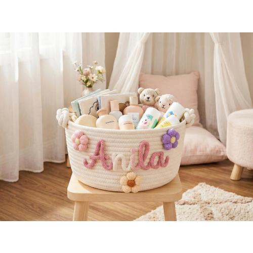 Personalized Baby Name Basket, Woven Cotton Rope Basket, Custom Nursery Storage Basket, Baby Shower Gift, Newborn Easter Basket