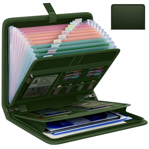 Fireproof Accordion File Organizer, Portable Expanding File Folder with Waterproof Zipper&Labels, Green Document Organizer with 13 Pockets, File Organizer for Important Document/Paper Storage
