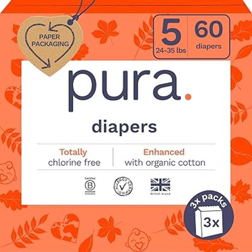 Pura Size 5 Eco-Friendly Diapers (24-35 lbs) Totally Chlorine Free (TCF) Hypoallergenic, Soft Organic Cotton, up to 12 Hours Leak Protection, Allergy UK, 3 Packs of 20 (60 Diapers)