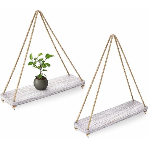 Hanging Wood Shelves for Wall - Set of 2, Rustic White